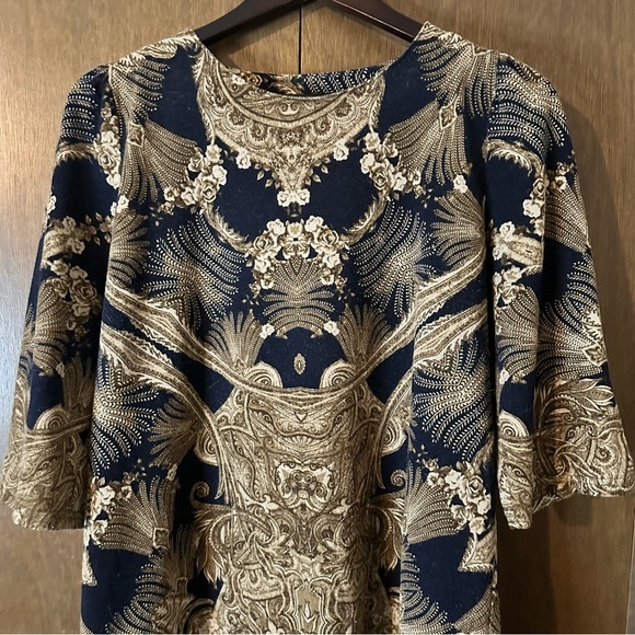 Silla Designs Navy Blue & Cream Graphic 1/2 Sleeve Boho Pattern Tunic Sz Large - Picture 3 of 11